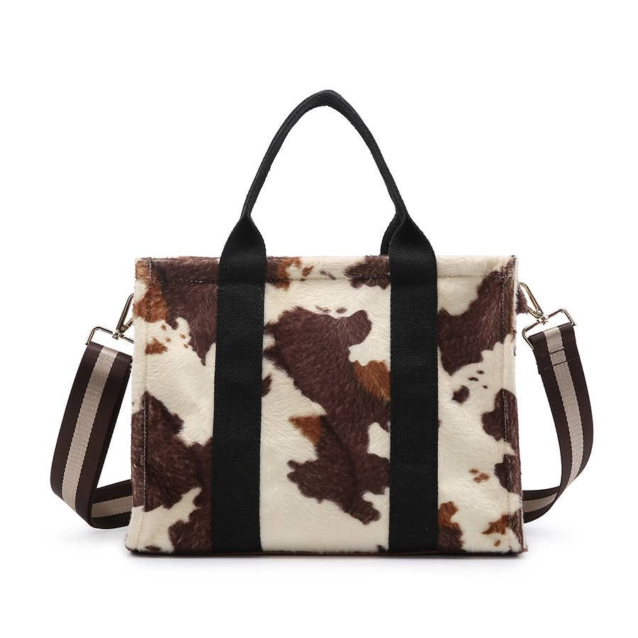 Brown and cream cow print tote bag
