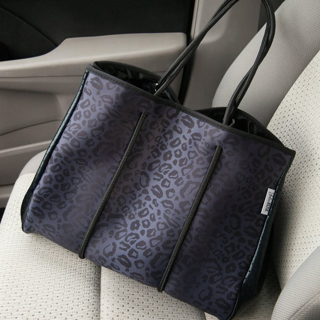 Navy blue leopard print tote bag