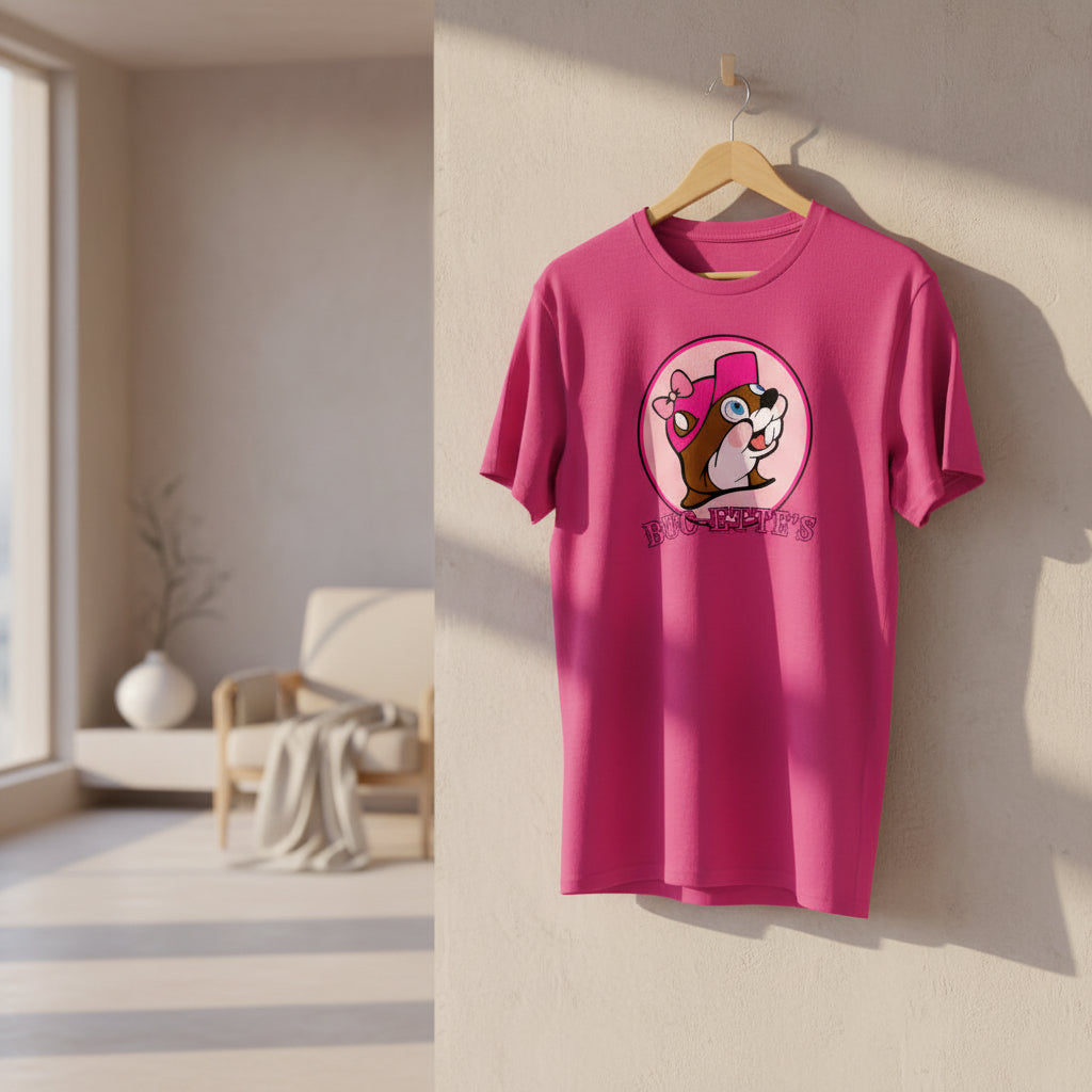 A bright pink graphic T-shirt laid flat on a light wood surface, styled with jeans, sneakers, sunglasses, a lip gloss bottle, and a keychain. The shirt features a cartoon dog wearing a pink hat and bow inside a pink circle, with the text 'BUG-EEYE'S' below.