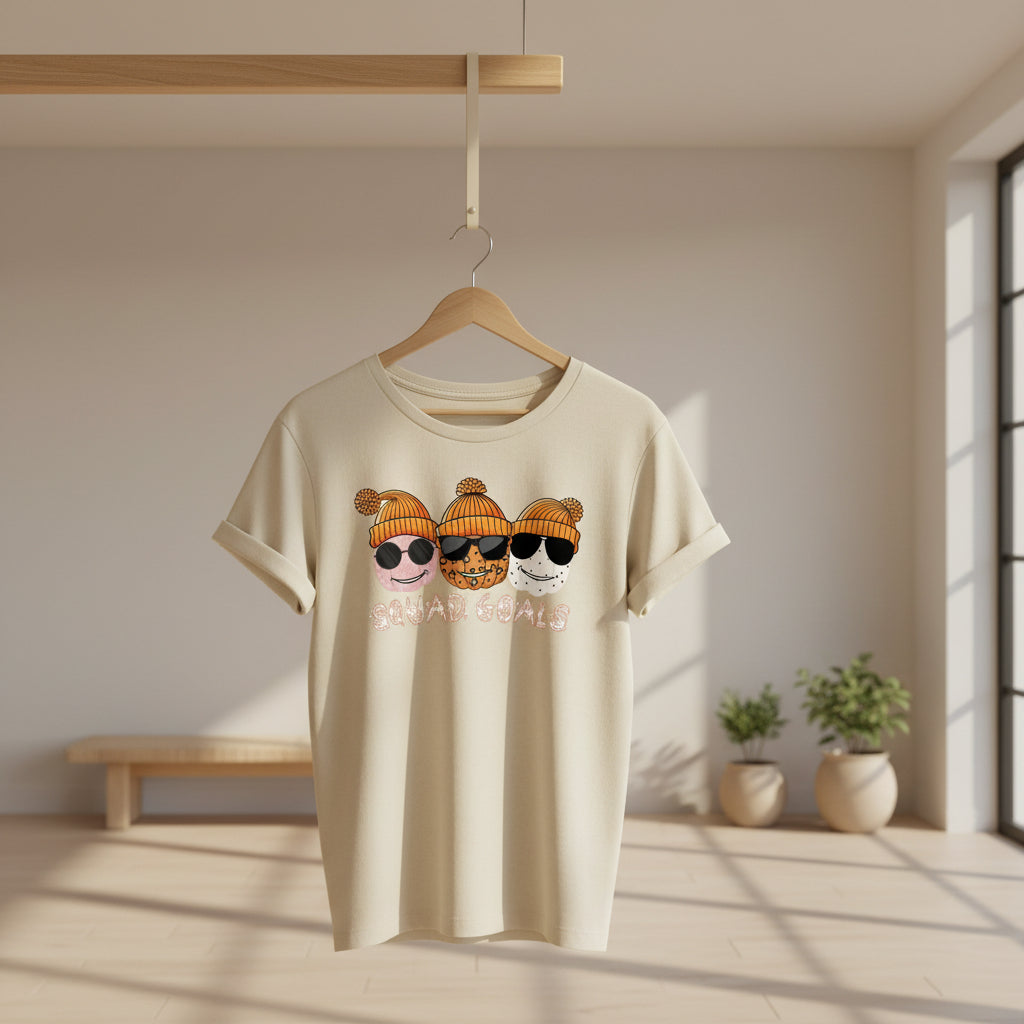 A person wearing a  orange crewneck sweatshirt with a graphic of three cartoon faces in orange beanies and sunglasses above the words 'SQUAD GOALS'. 