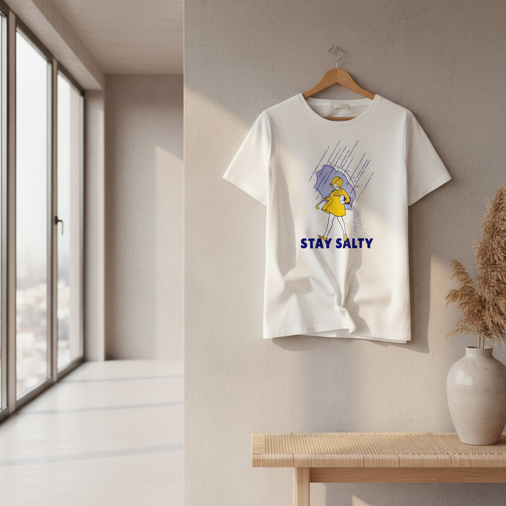 A white graphic t-shirt featuring a retro illustration of a woman in a yellow dress holding a purple umbrella in the rain, with the text 'STAY SALTY' printed below. The t-shirt is displayed in a flat-lay arrangement on a weathered white wood background, styled with blue jeans, white sneakers, and a green leaf.