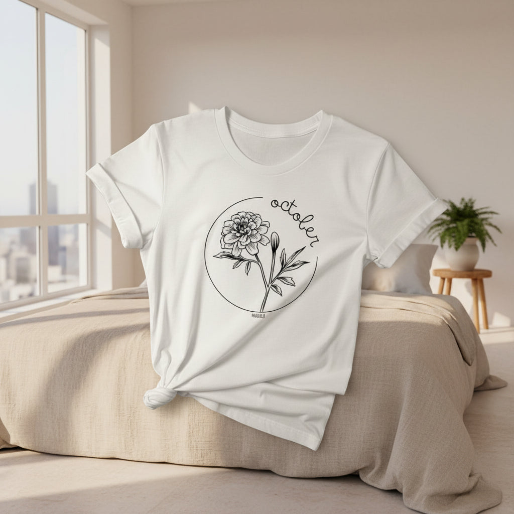 A white short-sleeve graphic T-shirt laid flat on a rustic wood surface, styled with light blue denim shorts, beige sandals, netting, and starfish. The shirt has a black line-art floral circle graphic with the word 'October' and small 'GEMMA' text.